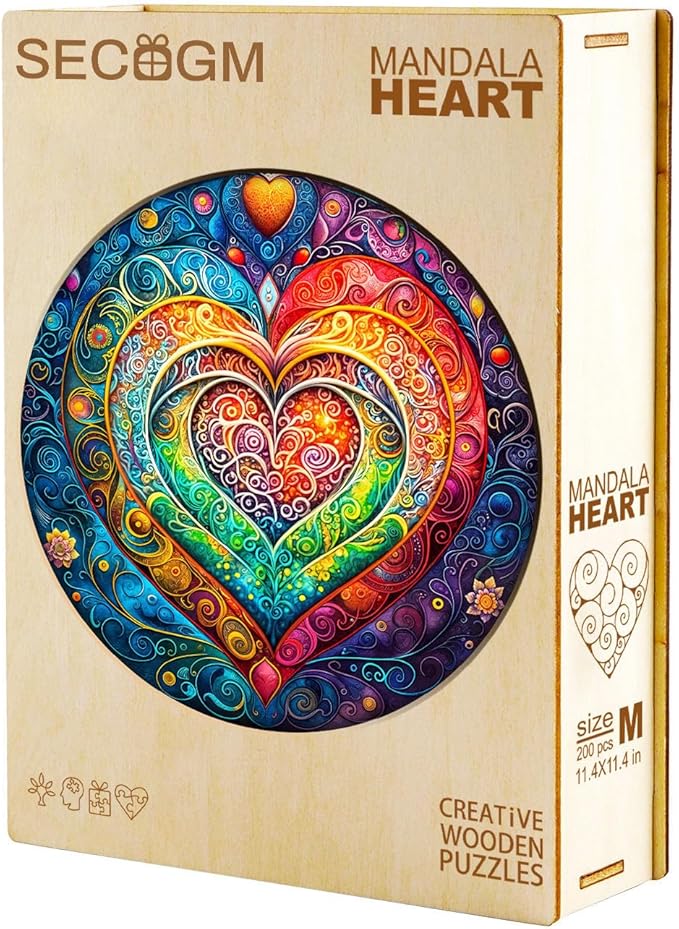 Wooden Puzzles for Adults - 100 Pieces Mandala Heart Wooden Puzzle - Unique Shape Wood Cut Puzzles - Eco-Friendly Home Office Decor (S-8.5 * 8.5in)
