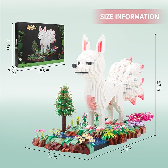 Forest Animal Micro Building Blocks Set - Nine Tailed Fox Stand in Lawns - Flowers and Trees, 4160 PCS Collectible Building Toy Gift for Adults and Kids Ages of 14+