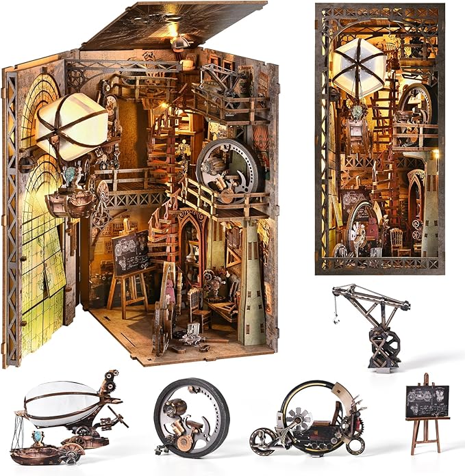 Book Nook Kit, Book Nook Kits for Adults and Teens, DIY Miniature Dollhouse Kit 3D Wooden Puzzle Booknook Bookend with LED Light