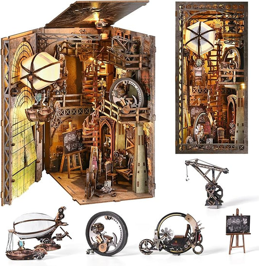 Book Nook Kit, Book Nook Kits for Adults and Teens, DIY Miniature Dollhouse Kit 3D Wooden Puzzle Booknook Bookend with LED Light