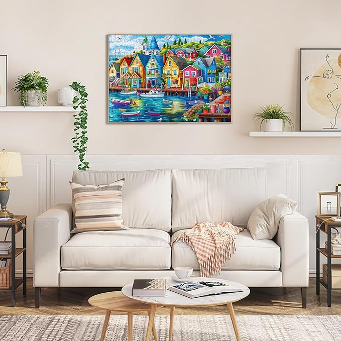 Seaside Town Jigsaw Puzzles, 1000 Piece Jigsaw Puzzles for Adults - Ocean Boat Seagull Landscape Puzzle - Challenging for Adults with Vibrant Coastal Art - 28x20 Inch, Family Games & Gift