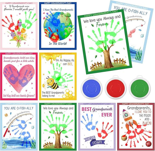 Cinrobiye 24 Set Happy Grandparents Day Craft Grandparent Handprint Craft Kit DIY Hand Print Gift Greeting Cards with Large Ink Pads for Home School Activity Grandma Grandpa Party Favor Decor