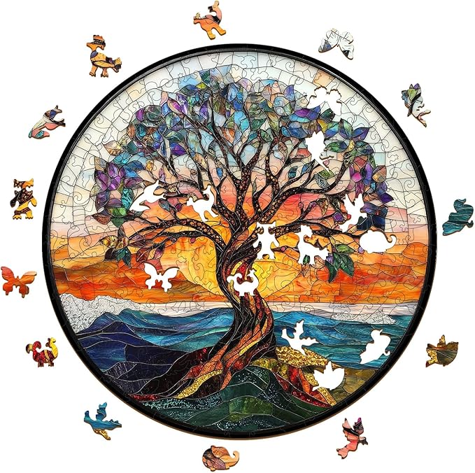 Wooden Puzzles for Adults, Stained Glass Puzzles Tree of Life 200 Piece,5MM Thickness, Tree Jigsaw Puzzles, Irregular Wood Creative for Adults and Kids Family Games