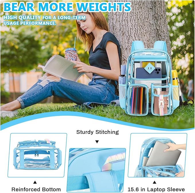 Clear Backpack for School,Heavy Duty PVC Transparent Bookbag for Girls Stadium Approved See Through Backpack