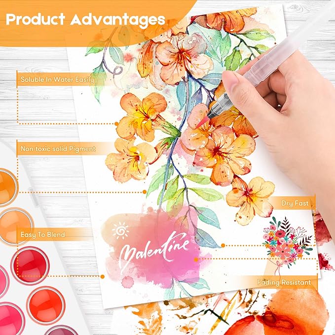 Taotree Valentines Day Gifts for Kids Adults, Easter Basket Stuffers, 48 Colors Watercolor Paint Set, Art Supplies Drawing Kit Painting Supplies Brush, Gifts for Teens Girls Boys Artists