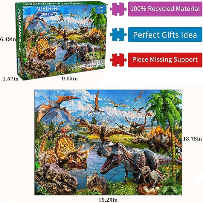 Puzzles for Kids Ages 6-8 – 200 Piece Dinosaur Puzzle for Kids Ages 6-12 – Fun and Educational Gift for Boys and Girls
