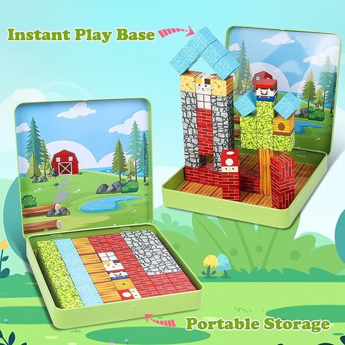 49 PCS Mini Magnetic Building Blocks Travel Toys for Kids Ages 4-8, Travel Magnetic Tiles with Portable Iron Storage Box, STEM Learning Educational Construction Toys for Toddlers 3+