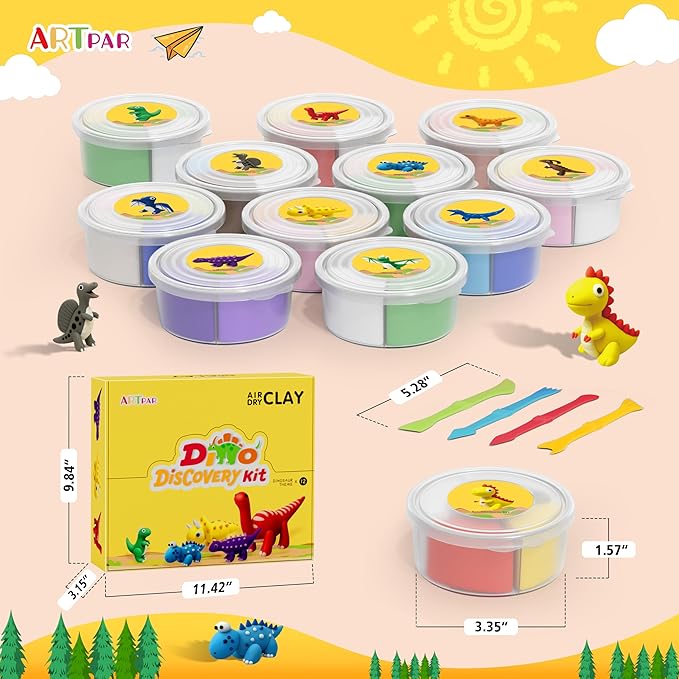 Air Dry Clay Kits,Dinosaur Modeling Magic Clay for Kids,12 Box Dinos DIY Art Crafts Kit,Safe & Non-Stick with Sculpting Tools & Tutorials, Family Party Favors for Boys & Girls Age 3-12 Year