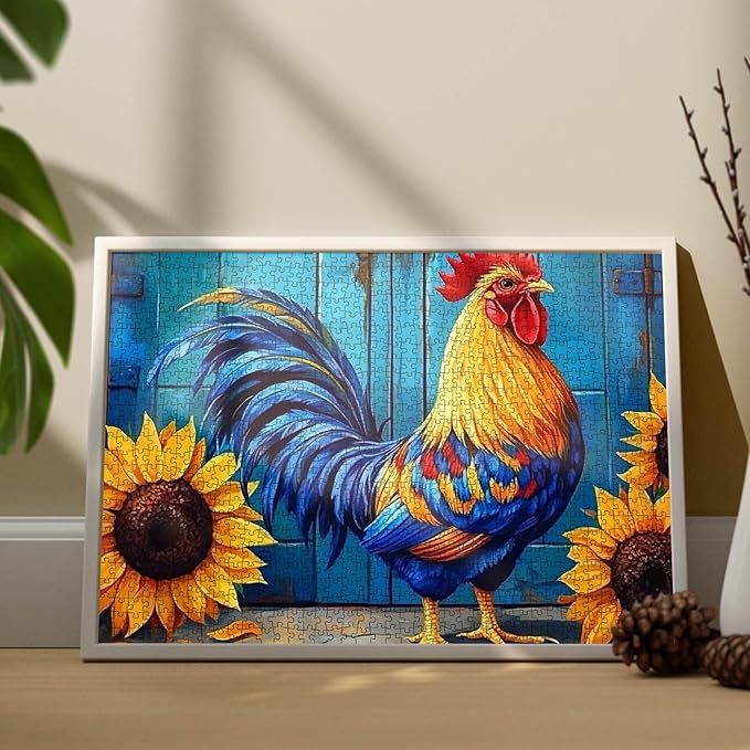1000 Piece Jigsaw Puzzles for Adults, Blue Rooster with Sunflowers Jigsaw Puzzles，Cool Colorful Feather Rooster Puzzle，Challenging Family Activity Perfect for Game Nights，Puzzle as Wall Art Decor