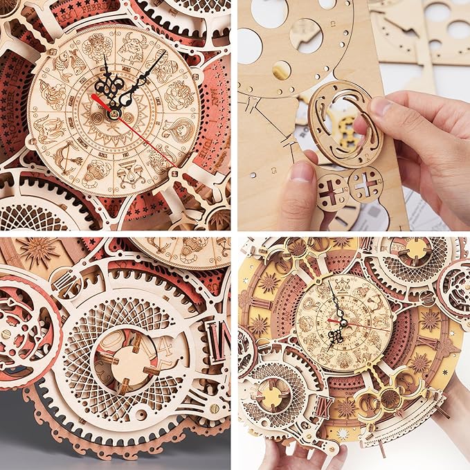 ROKR 3D Wooden Puzzles for Adults-Wooden Clock Puzzle Kit-Wood Model Kits to Build for Adults-Zodiac Wall Clock