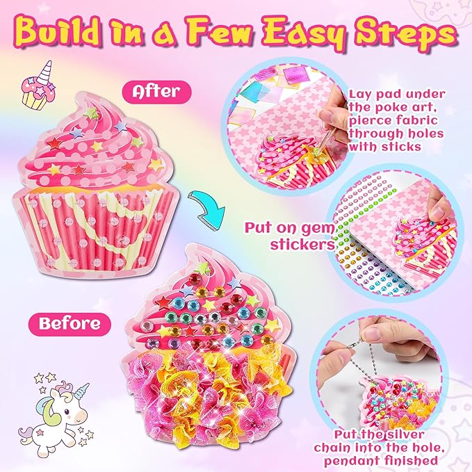 CrispPlay Crafts for Kids Ages 4-8 8-12 Girls Toys, 8pcs Poke Art Craft Kits for 4 5 6 7 8 9 Year Old Girls Birthday Christmas Gifts, DIY Creative Activity, Mess Free, Magic Theme