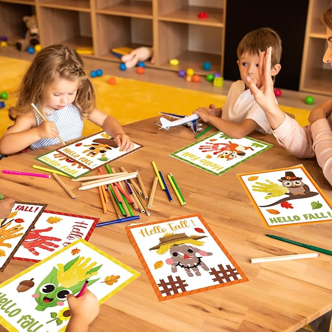 Cinrobiye 24 Sets Fall Handprint Craft Kits Bulk Autumn Hand Print Craft DIY Greeting Cards Kit with Stickers Painting Ink for Home School Classroom Art Project Thanksgiving Party Favor Supplies Gift