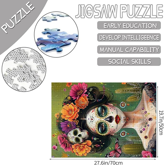 Tucocoo Day of The Dead Female Jigsaw Puzzles for Adults 1000 Pieces, Flowers Skull Girl Portrait Art Puzzle Colorful DIY Craft Puzzles for Home Decoration Gift, Family Puzzle Perfect for Game Nights