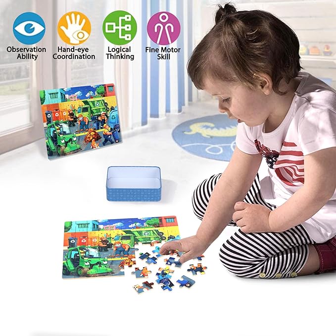 LELEMON Puzzles for Kids Ages 4-6,4-Pack Dogs Fire Fighting Garbage Truck Farm 60 Piece Puzzles for Kids Ages 4-8 in a Metal Box,Educational Jigsaw Puzzles Puzzle Games Puzzle Toys for Girls and Boys