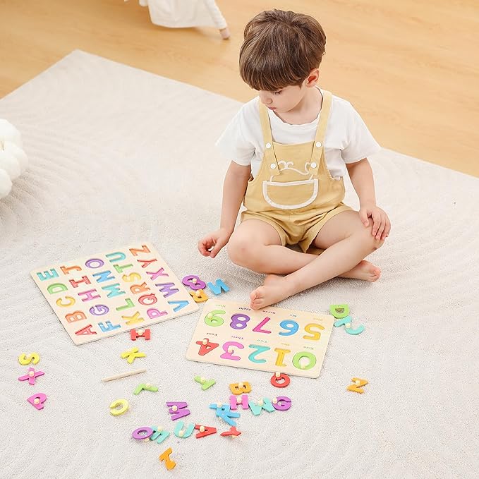 GRINNNIE Toddler Puzzle for 2 3 4 Years Old, Wooden Alphabet Number Peg Puzzles for Preschool Toddlers Age 2-4, Great Learning Puzzle Toy 1st Birthday Gift for Girls Boys