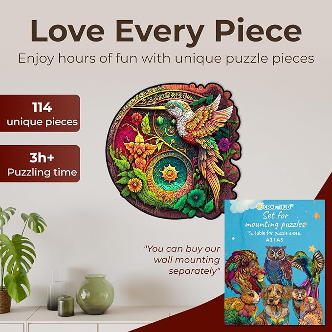 CRAFTHUB Animal Wooden Puzzles for Adults – A4 Nectar Quest Hummingbird with 114 Pieces – Jigsaw Puzzles with Unique Animal Shapes – 7.7"x7.8"