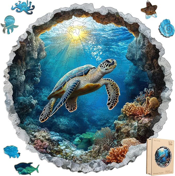 Leodozzio Wooden Puzzles for Adults, Sea Turtle Jigsaw Puzzles 200 Pieces-5MM Thickness, 11.2x11.2 Inch, Unique Shaped Wooden Puzzle, Birthday Gift Family Game