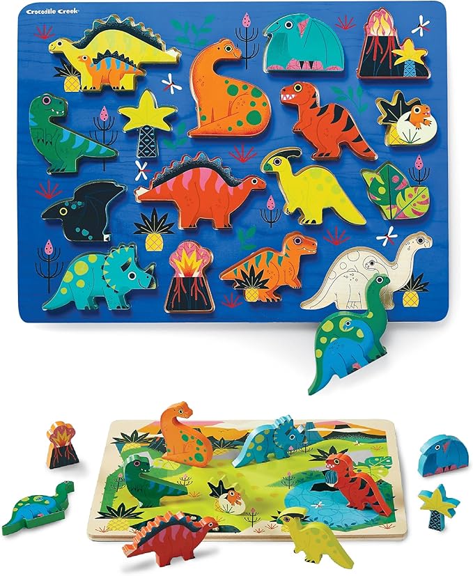 Crocodile Creek Wood Puzzle and Playset, 16 Chunky Wooden Pieces Stand-Up with Play Scene on The Back, for Ages 2+, Dinosaurs