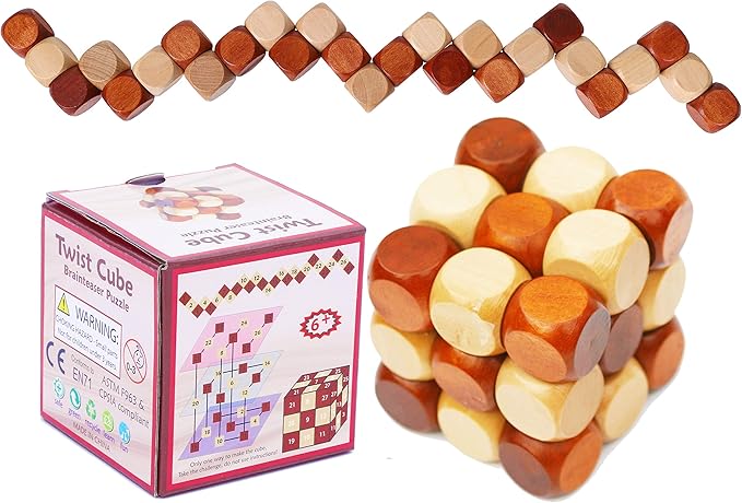 Wooden Twist Cube IQ Puzzle - Wooden Brain Teaser - Brain Teaser Puzzle for Children Teenager Adults - Mens Gift Sets for Him-Gifts for Men Who Have Everything - Stocking Fillers Stuffers