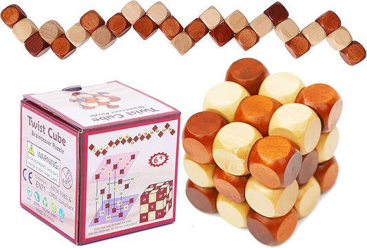 Wooden Twist Cube IQ Puzzle - Wooden Brain Teaser - Brain Teaser Puzzle for Children Teenager Adults - Mens Gift Sets for Him-Gifts for Men Who Have Everything - Stocking Fillers Stuffers