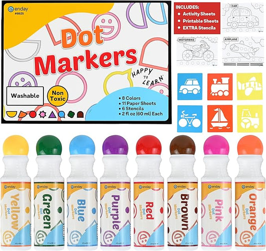 Enday Washable Dot Markers for Toddlers 1-3 - 8 Colors, Activity Sheets and Stencils Included - Bingo Daubers, Dot Art, Dot Markers for Toddlers 2-4 Years, Dot Paint for Toddler Arts and Crafts