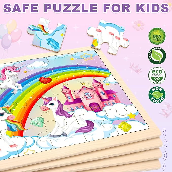 Wooden Princess Puzzles for Kids Age 3 4 5 Year Old, 4 Pack 24 Pcs Montessori Toddler Jigsaw Puzzles for Girl boy Activities Preschool Learning Educational Birthday Gift Travel Autistic Wooden Toys