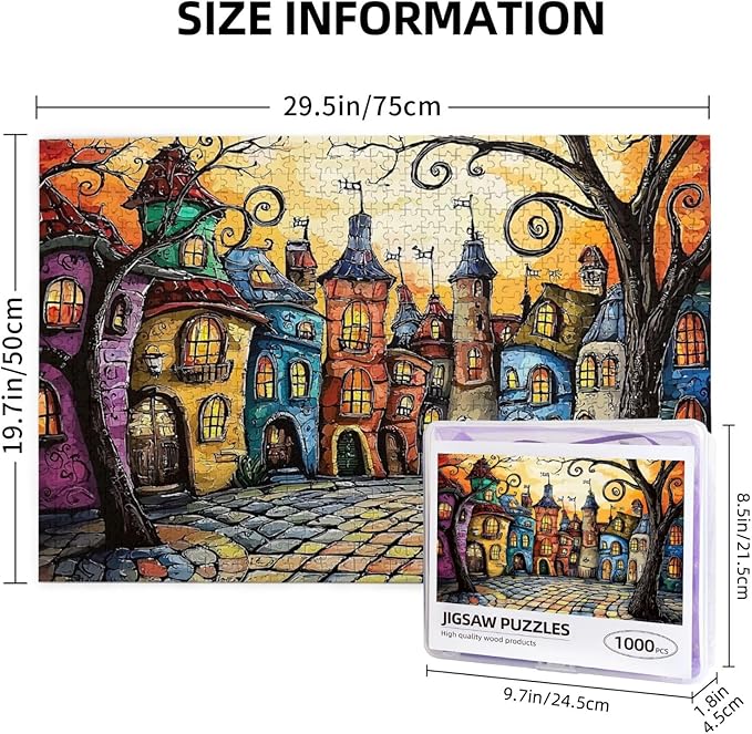 Fairytale House Puzzle 1000 Pieces，Colorful Houses Puzzles for Adults 1000 Pieces, Fairy Tale Town Puzzles，Charm Town Whimsical Jigsaw Puzzle,Magic Puzzle Art，Challenging for Night Game