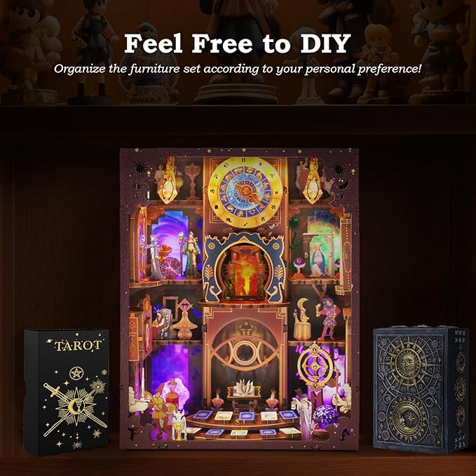 Book Nook Kit - Fantasy Tarot 3D Wooden Puzzle for Adults, Teens & Beginners, DIY Miniature Bookshelf Insert with LED Light, Mysterious Craft Gift for Model Builders