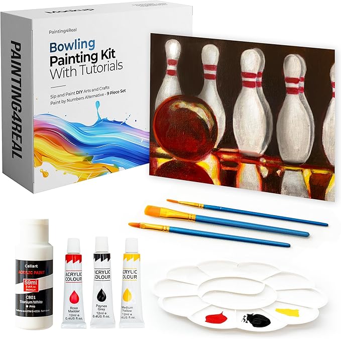 Painting4Real DIY Painting Class Kit for Adults with Video Tutorials: Learn to Paint Bowling – How to Paint with Acrylics – Painting & Art Supplies – 9 Piece Acrylic Paint Set