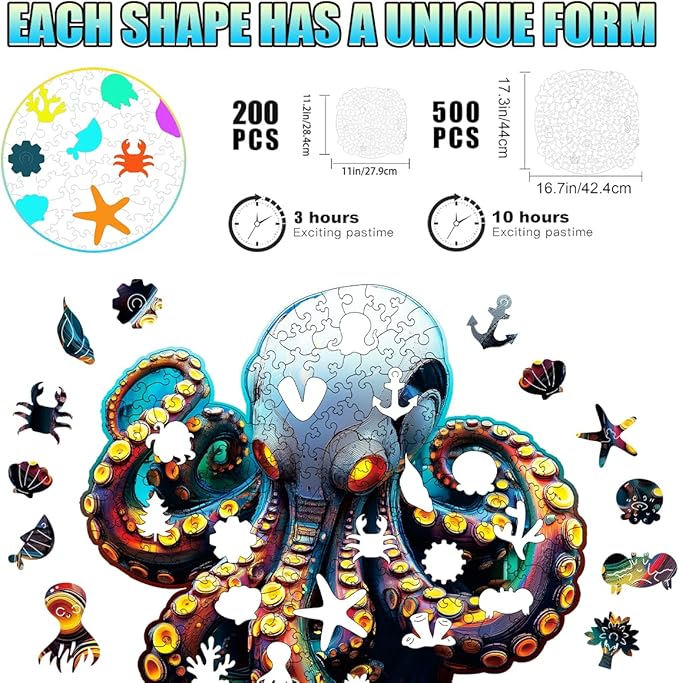 Wooden Jigsaw Puzzle, 200-500 Pieces Unique Shape Animal Puzzle, for Adults & Kids, Birthday Gift Family Game, Decorative Puzzle, Unique Gift (Techno Octopus, 200 PCS)