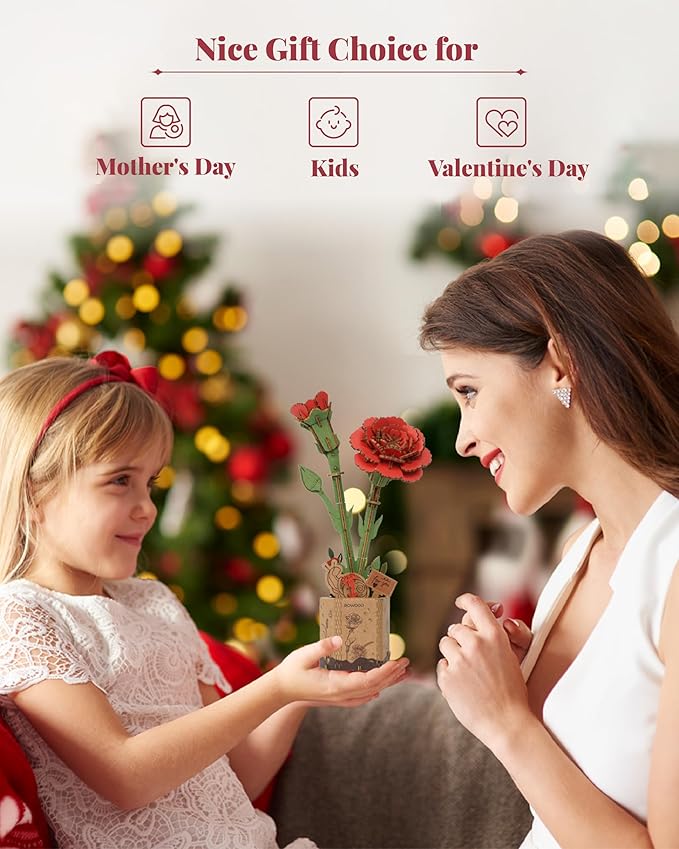 rowood 3D Puzzle Wooden Flower,DIY Artifical Flower Building Set Craft Kit for Women,Mother's Day/Valentine's Day/Teacher's Day/Thanksgiving/Christmas/Birthday Gift for Mom/Grandma-Red Carnation