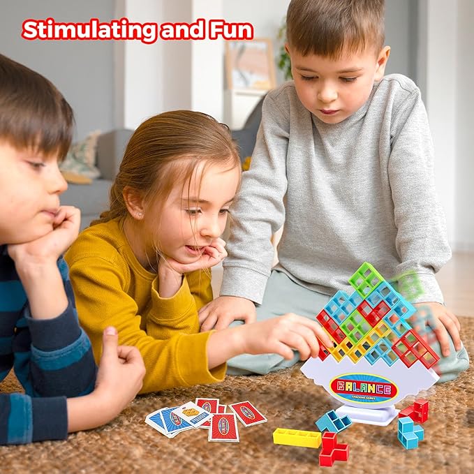 FAVANTIME 32pcs Stacking Game Tetra Balance Tower Stacking Blocks Board Games for 1-4 Players Family Games for Kids, Adults, Party, Travel Team Building Blocks Toys