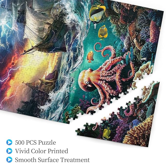 Premium 500 Piece Jigsaw Puzzle for Adults Marine Pirate Shipoctopus Puzzle Octopus Ocean Sea World Octopus Pirate Ship Treasure Large Best New Marine Artwork Puzzle Game Gift
