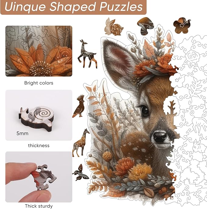 Ruikiyart Wooden Puzzles for Adults, 5MM 200 Pieces Cute Deer Wooden Jigsaw Puzzles, Animal Puzzle Unique Shape Pieces Gift for Kids and Adults on Birthday, Thanksgiving, Christmas (11.1"x11.2")