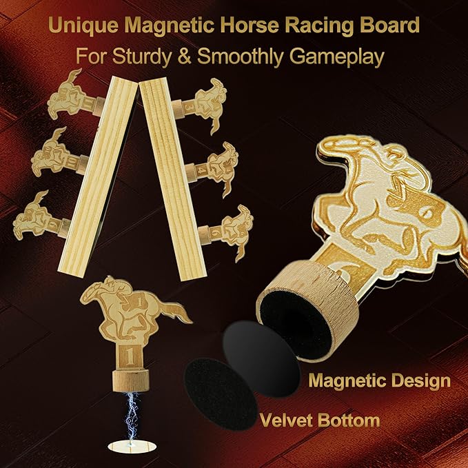 Horse Race Board Game, Magnetic Horse Racing Game with 100 Chips, 12 Magnet Wooden Horses, 2 D12 & 2 Cards, Thickened Solid Wood Horse Game Set Luxury Board Games for Family Nights Party Gifts