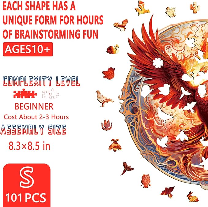 Wooden Puzzles for Adults, Reborn Phoenix Wooden Jigsaw Puzzles for Adults, Wood Puzzles Adult, Unique Animal Shape, Gifts for Friends and Family, Wall Art Canvas Puzzle (S -8.3 * 8.5in -100 pcs)