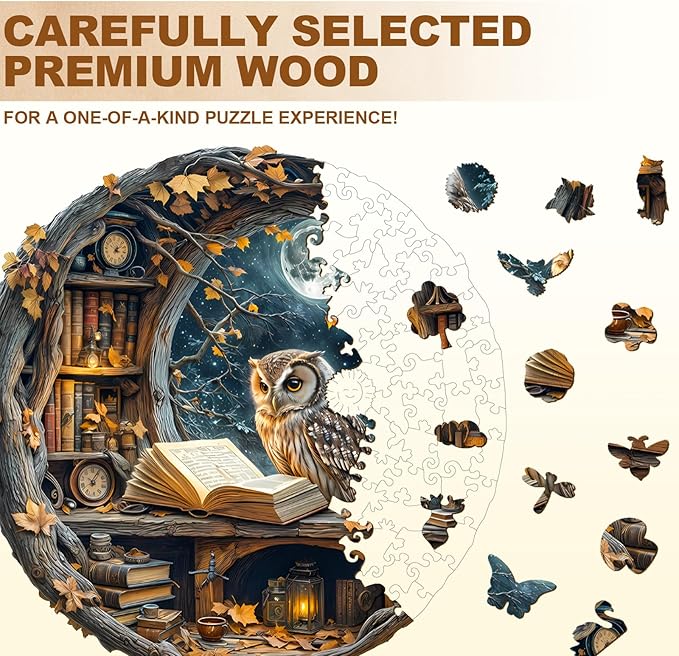 WOODBESTS Wooden Puzzles for Adults - Moonlit Owl Wooden Jigsaw Puzzle, Unique Animal Wood Puzzles Adult, Xmas Puzzle Gifts for Puzzles Lovers(200 Pcs, M, 11.4"x11.4")