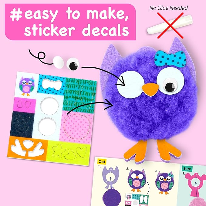 EZCRA Kids Crafts Ages 4-8 – 10 Plush Pom Pom Animal All-in-One DIY Craft Set – Felt Stickers, Educational & Creative Gift for Girls & Boys