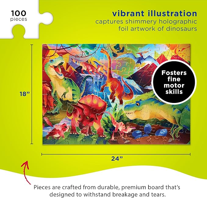 Crocodile Creek 100-Piece Jigsaw Puzzle for Kids Ages 5 and Up - Fun and Educational Table or Floor Holographic Foil Puzzle - Heavy-Duty Box for Storage - Dinosaur World - 24" x 18" Finished