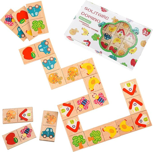 28 Pcs Wooden Domino Puzzle Game - Multicolor Fruit & Animal Design, Educational Family Logic and Thinking Skill Development Toy, Montessori Toys, Matching & Learning Board Game, Gift for Age 3+