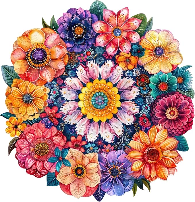 Mys Aurora Puzzles for Adults Round Flower Wooden Puzzles, 200 Pieces Unique Shaped Jigsaw Puzzles, Birthday for Adults and Kids, Fun Family Game 10.8'' x 11.2'' Medium Size