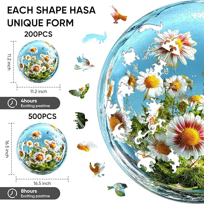 Wooden Puzzles for Adults 500 Pieces, Water Drop Daisy Jigsaw Puzzles, Unique Design Adult Puzzles for Family Brain Game Gift, 16.5x16.5 inch