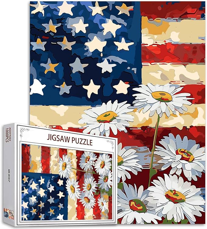 Patriotism 1000 Piece Jigsaw Puzzles for Adults Native American Flag Painting Jigsaw Puzzle White Daisy 1000 Pieces Puzzles Game Home Wall Decor DIY Craft Tropical Flower Puzzle Art(Colorful)