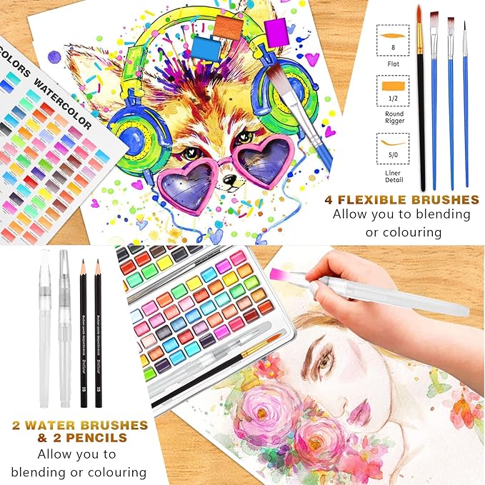 Gunsamg Watercolor Paint Set, 160 Vibrant Colors in Portable Travel Box with Palette, Perfect Watercolor Kit for Artists, Beginners, Adults - Non-Toxic Art Supplies Gift