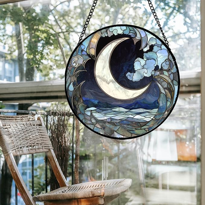 Stained Glass Window Hanging - Abstract Sea of Clouds Moon Sun Catcher for Door Terrace Garden Home Decor, Gray Blue Suncatcher Birthday Gifts for Lovers Women Men Dad Mom Nana 6.3 in