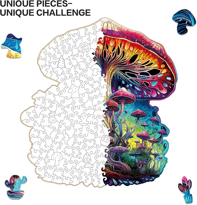 Wooden Jigsaw Puzzle for Adults,Magical Mushrooms Wood Puzzles 300 Piece,Thanksgiving Birthday Gifts Family Game,Unique Shape Puzzle Challenge 14.9 x 14.9 Inch
