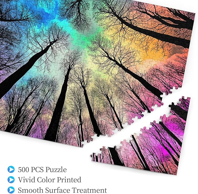 Colorful Forest Under Starry Night 500 Pieces Colorful Gradient Magic for Adult,Hard Challenge Puzzle Northern Lights Starry Night Glow in The Dark Puzzle for Birthday Gifts and Family Game