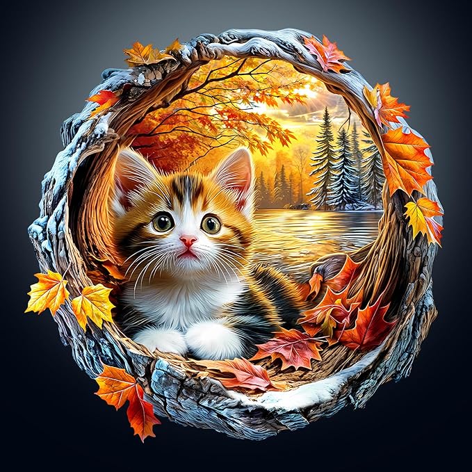 Wooden Puzzles for Adults, Wooden Jigsaw Puzzles for Adults Kids, Kitten in Autumn Unique Shaped Wood Puzzles Adult, Creative Gifts for Friends Family Game, Home Decor(11.4 * 11.3in 190pcs)