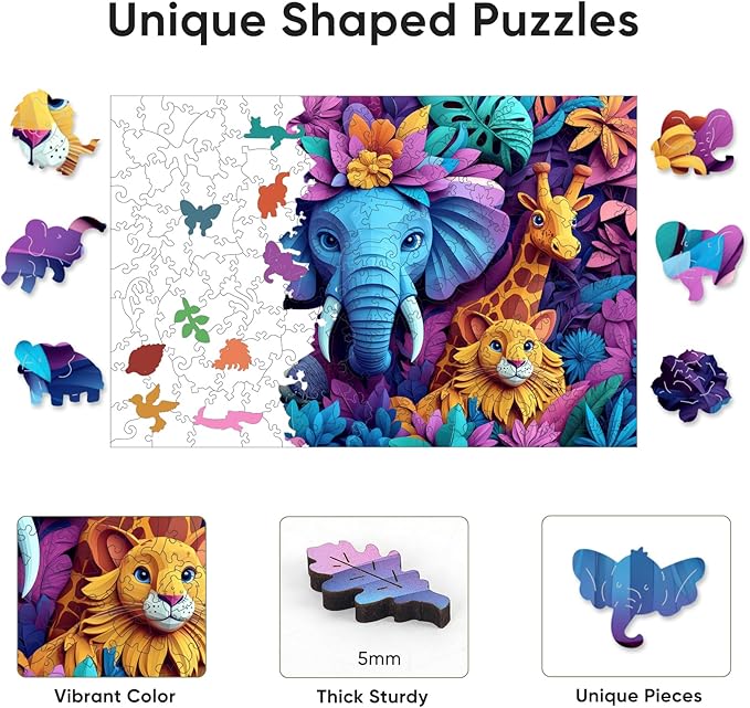Ruikiyart Wooden Puzzles for Adults, 5MM 200 Pieces Animal World Wooden Jigsaw Puzzles, Unique Shaped Puzzle Gifts for Adults and Kids on Thanksgiving, Family Puzzle Games(12.1"*8.1")