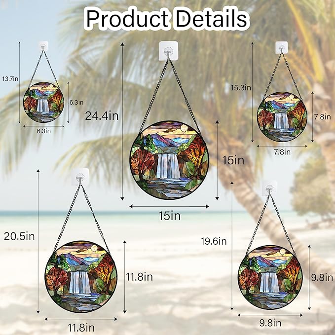 Stained Glass Window Hanging, Abstract Landscape Waterfall Mountains Trees Suncatcher for Doors Window Home Sun Catchers Decor Mother's Day Birthday Gifts for Women Men Mom 6.3 in